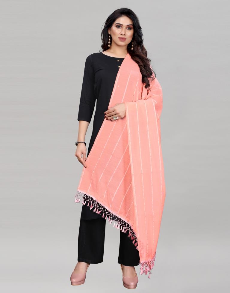 Rose Pink Coloured Poly Cotton plain Sequence Weave Striped Dupatta | Sudathi