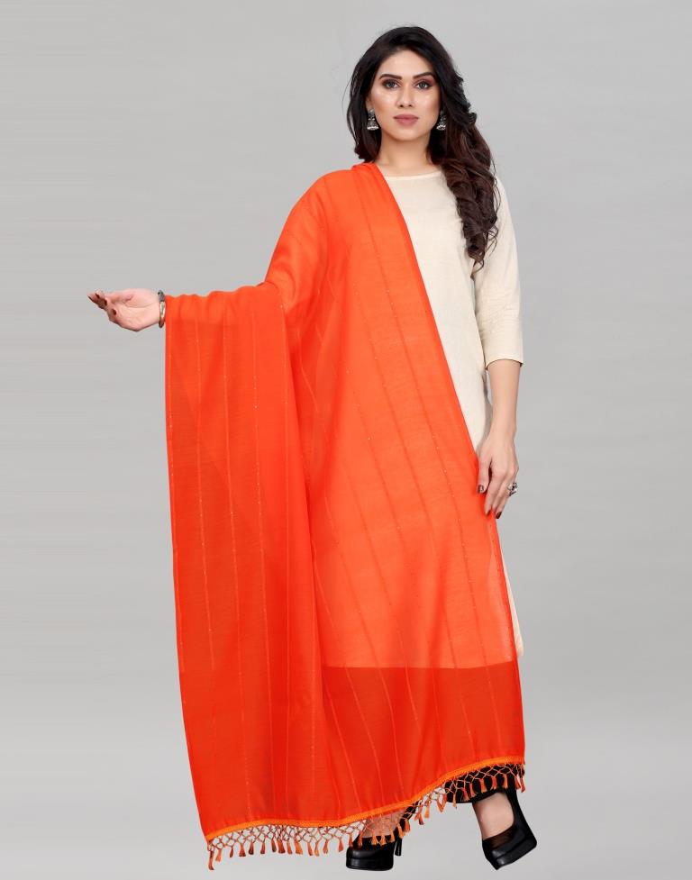 Orange Coloured Poly Cotton PlainSequence Weave Striped Dupatta | Sudathi