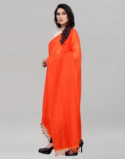 Orange Coloured Poly Cotton PlainSequence Weave Striped Dupatta | Sudathi