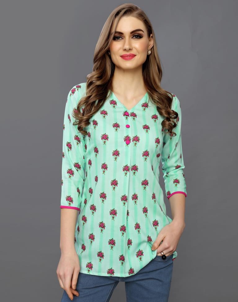 Adorable Aqua Green Coloured Printed Rayon Tops | Sudathi