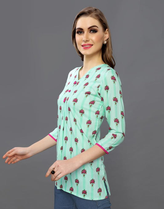 Adorable Aqua Green Coloured Printed Rayon Tops | Sudathi