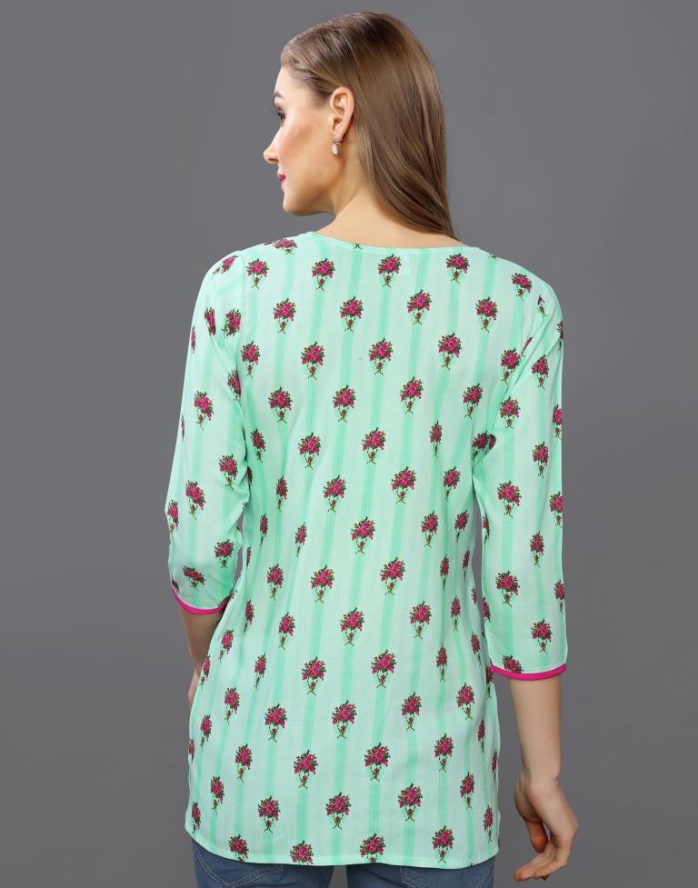 Adorable Aqua Green Coloured Printed Rayon Tops | Sudathi