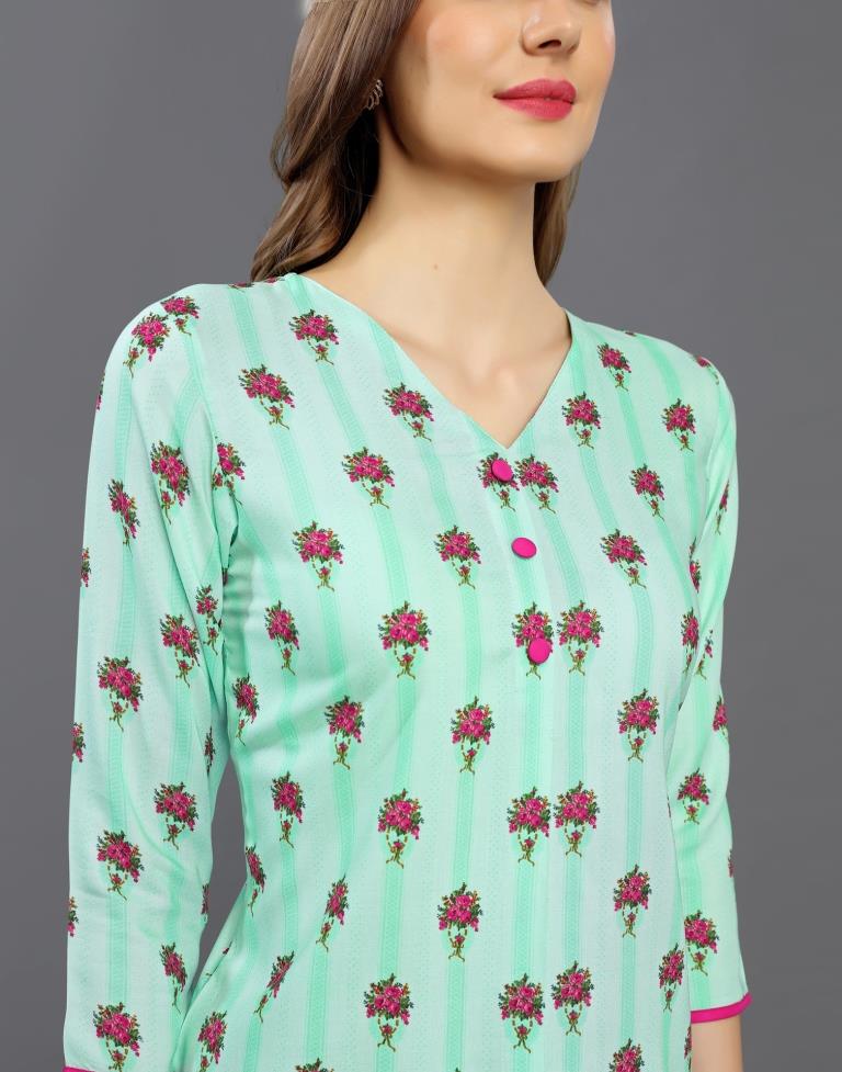 Adorable Aqua Green Coloured Printed Rayon Tops | Sudathi