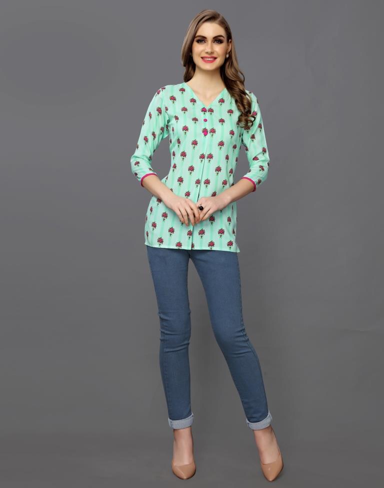 Adorable Aqua Green Coloured Printed Rayon Tops | Sudathi