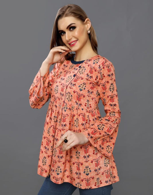 Dashing Peach Coloured Printed Rayon Tops | Sudathi