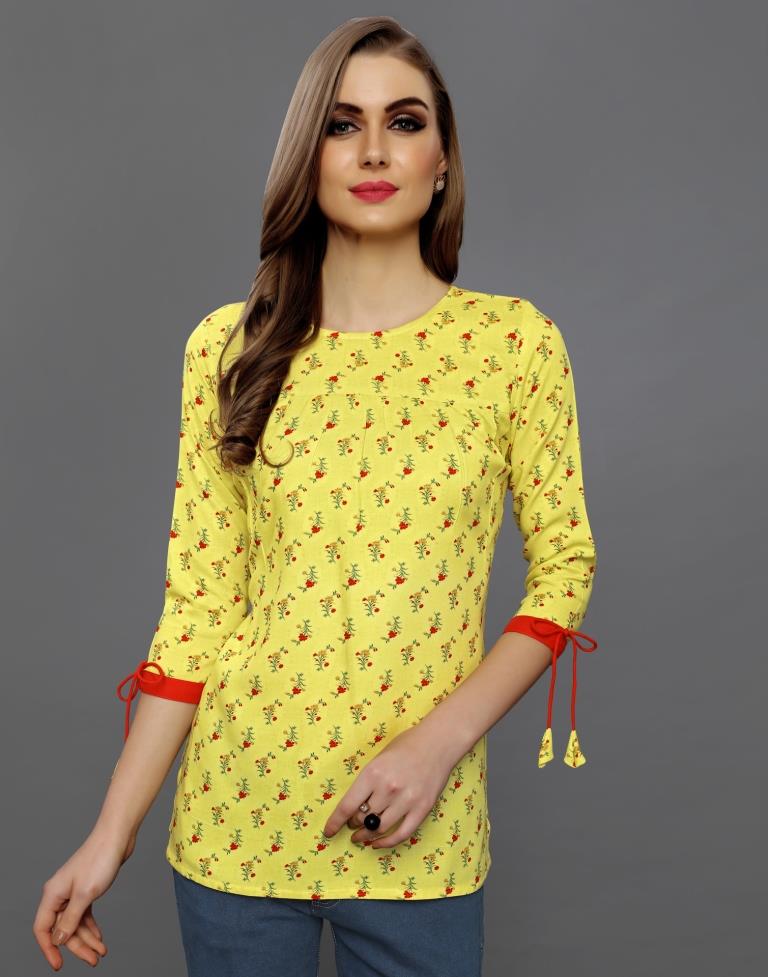Breezy Yellow Coloured Printed Rayon Tops | Sudathi