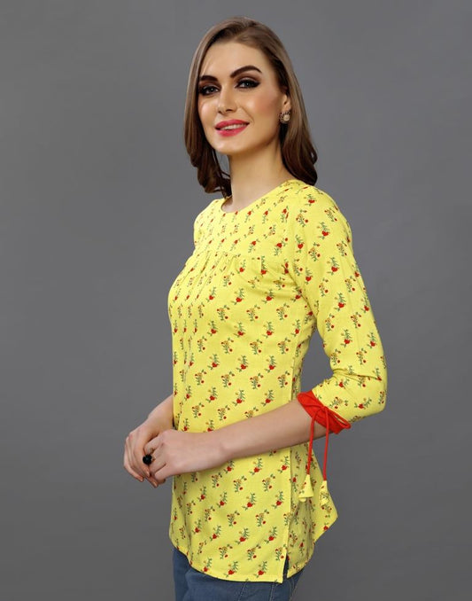 Breezy Yellow Coloured Printed Rayon Tops | Sudathi