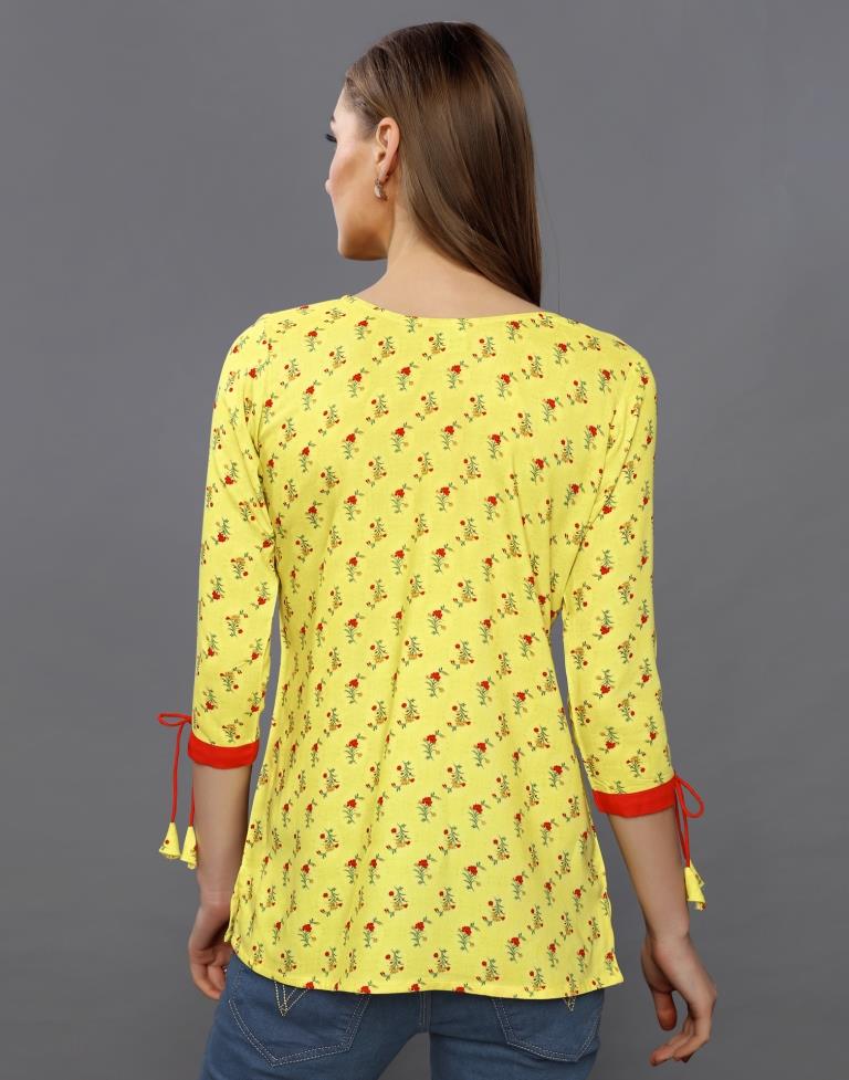 Breezy Yellow Coloured Printed Rayon Tops | Sudathi
