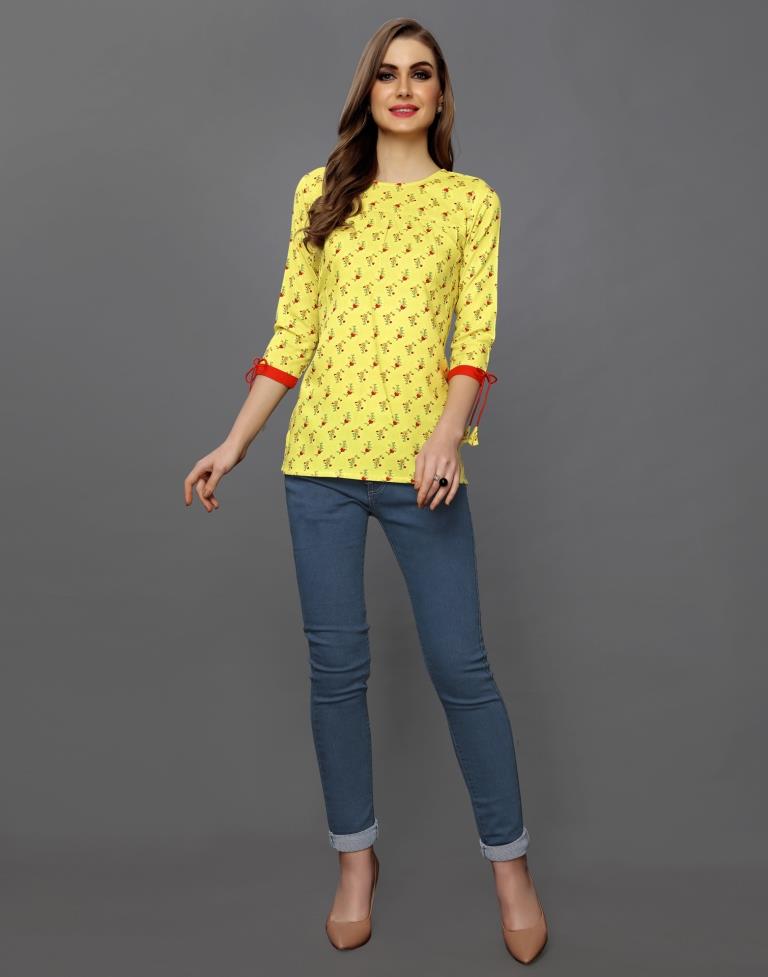 Breezy Yellow Coloured Printed Rayon Tops | Sudathi