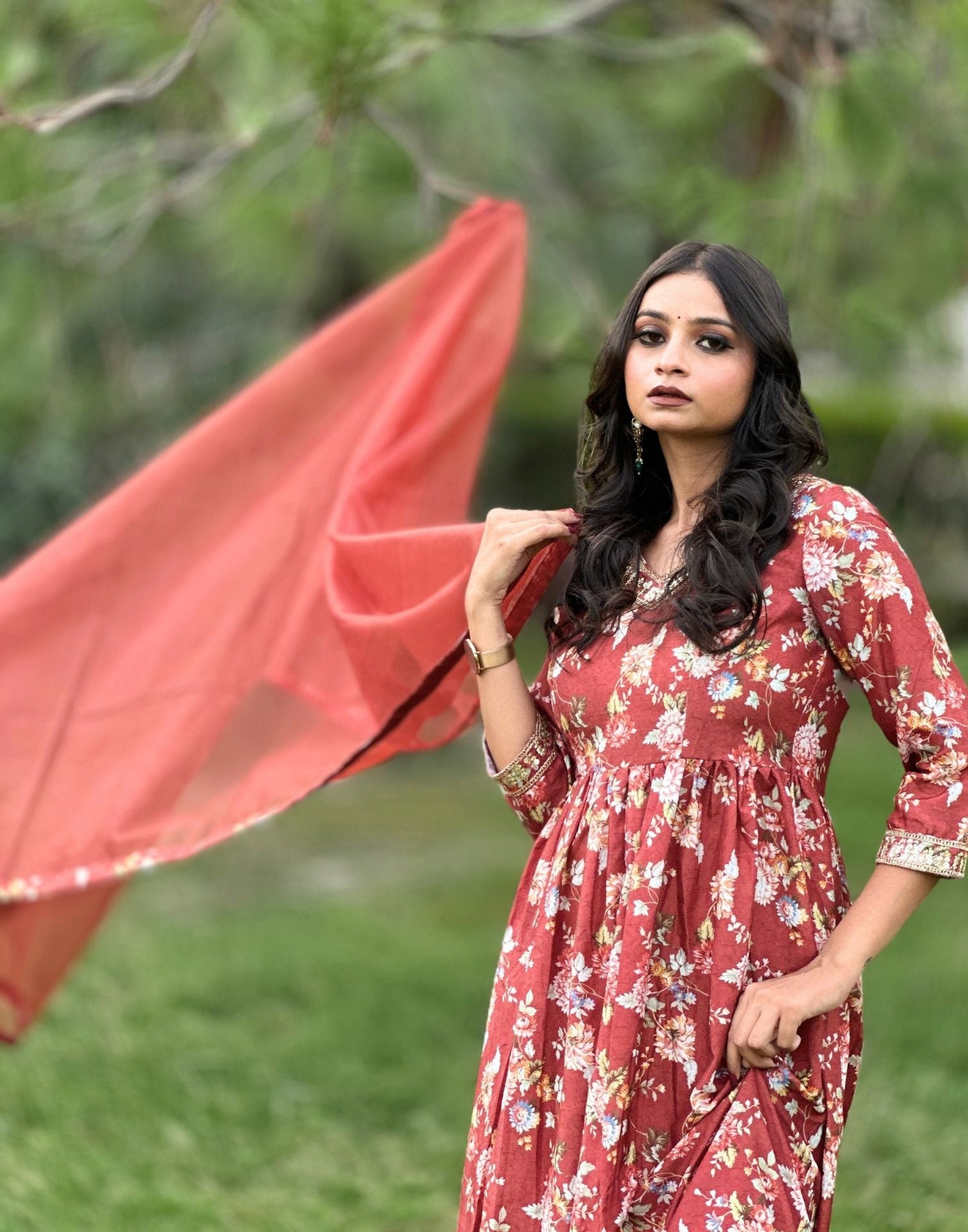 Brown Printed Kurti With Pant And Dupatta | Leemboodi