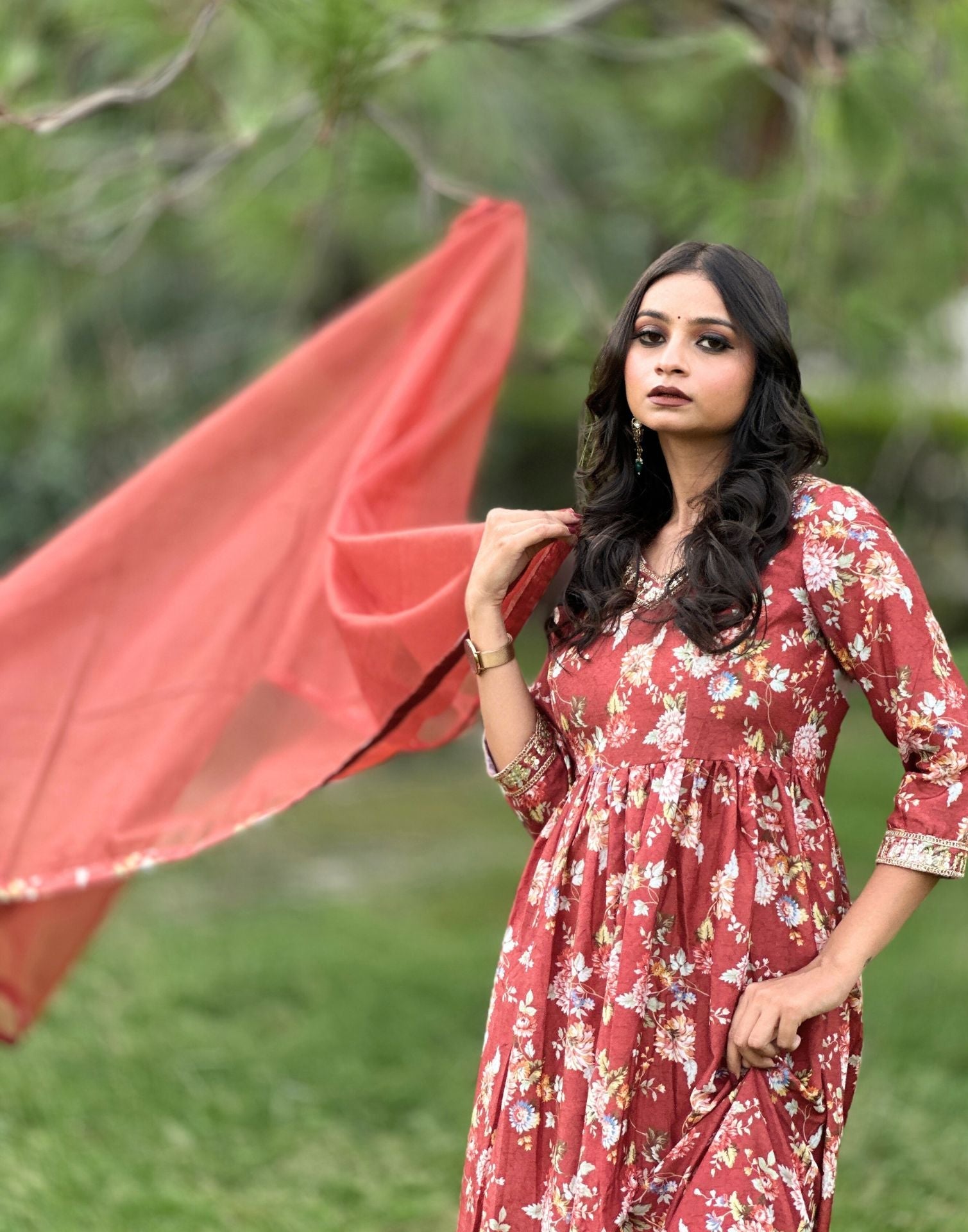 Brown Printed Kurti With Pant And Dupatta | Leemboodi