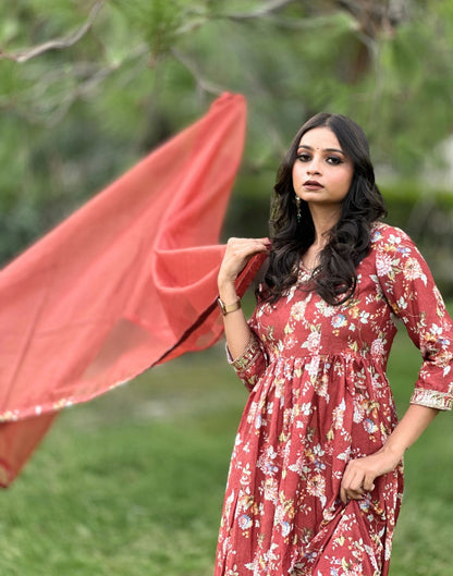 Brown Printed Kurti With Pant And Dupatta | Leemboodi