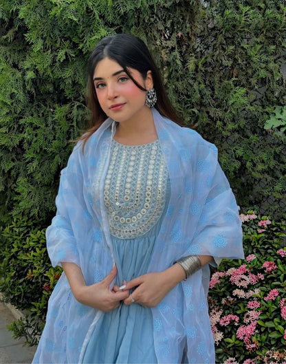 Light Blue Kurti With Pant And Dupatta | Leemboodi