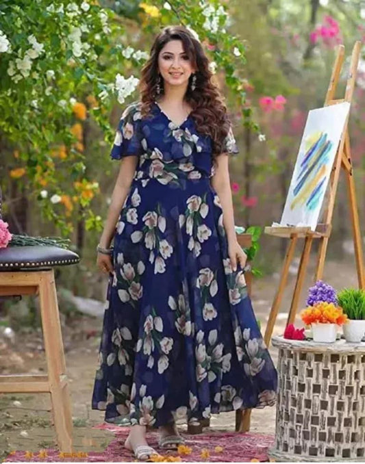 Blue Printed Georgette Flared Dress