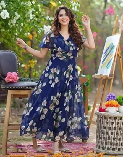 Blue Printed Georgette Flared Dress