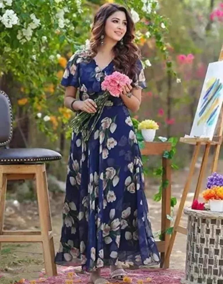 Blue Printed Georgette Flared Dress