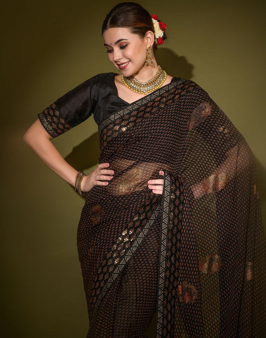 Black Heavy Georgette Printed Saree | Leemboodi