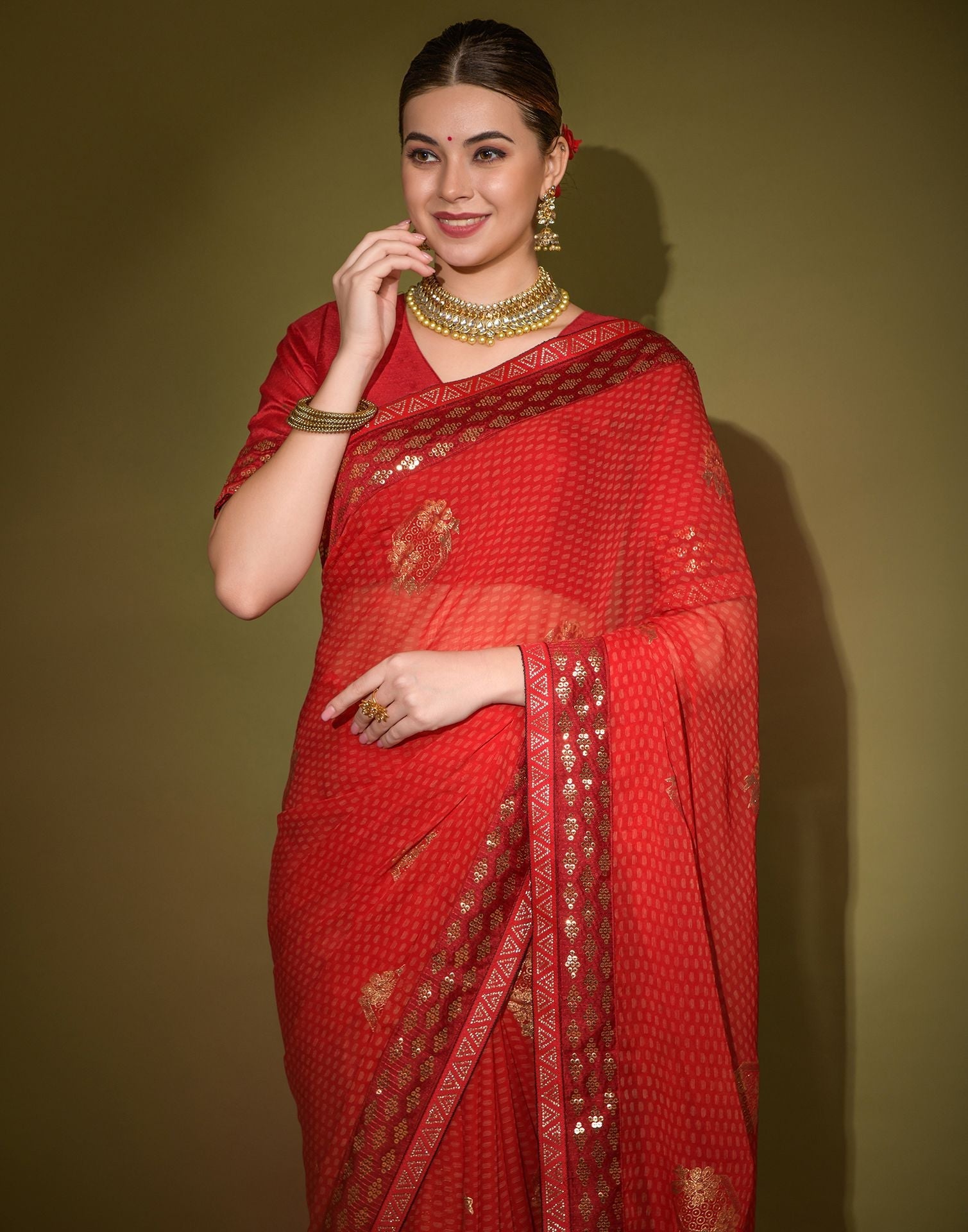 Red Heavy Georgette Printed Saree | Leemboodi