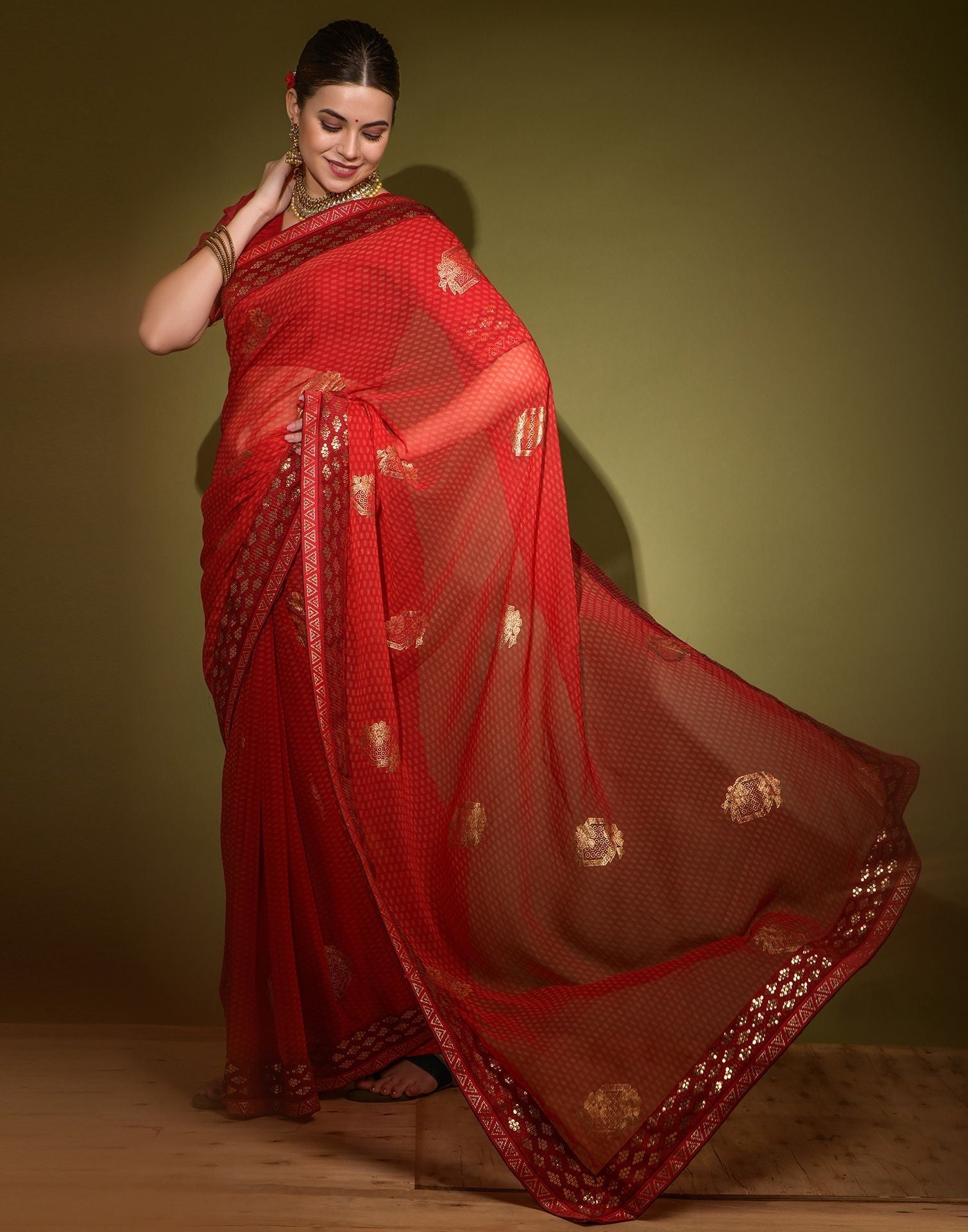 Red Heavy Georgette Printed Saree | Leemboodi