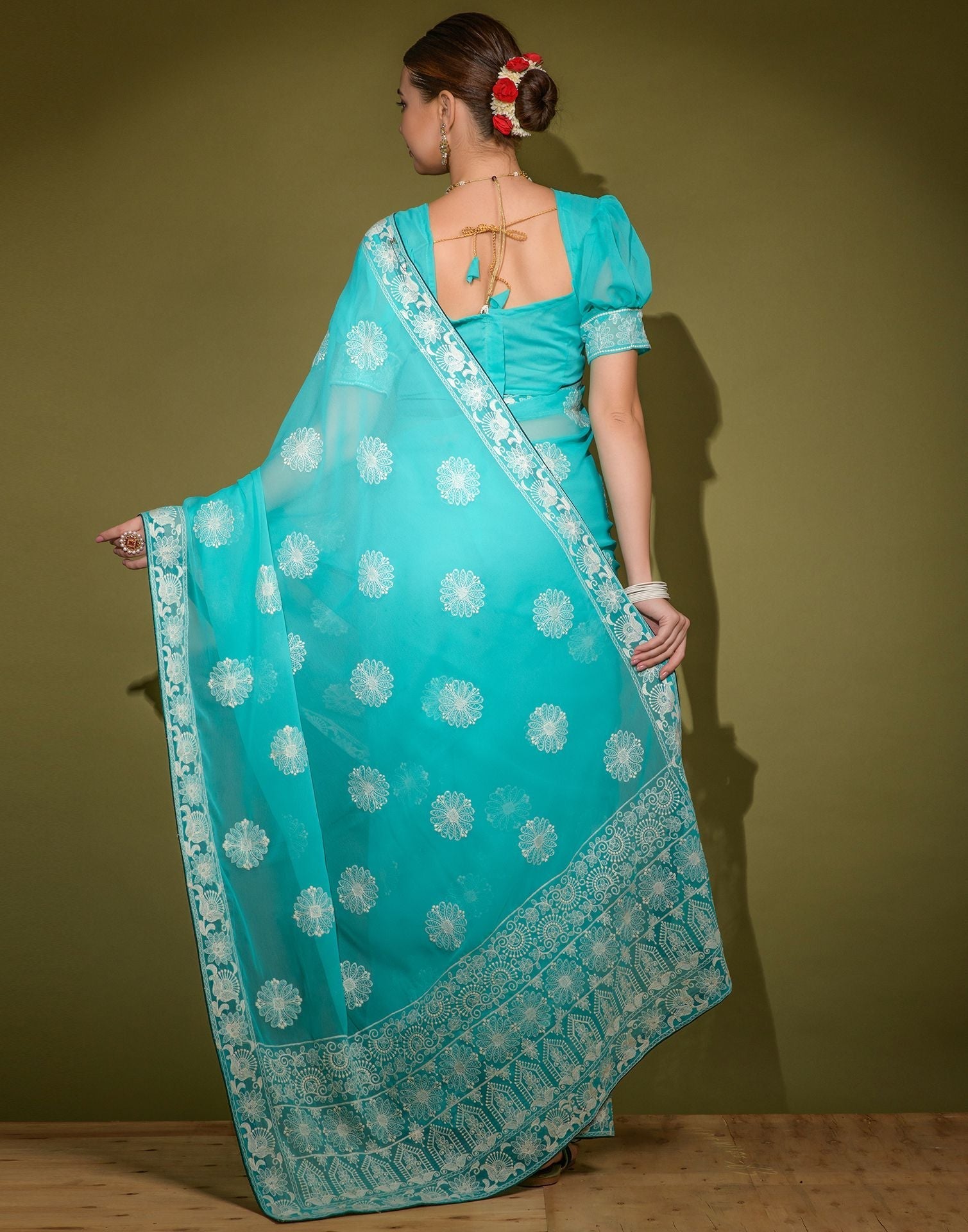 Turquoise Heavy Georgette Lakhnavi Saree | Leemboodi