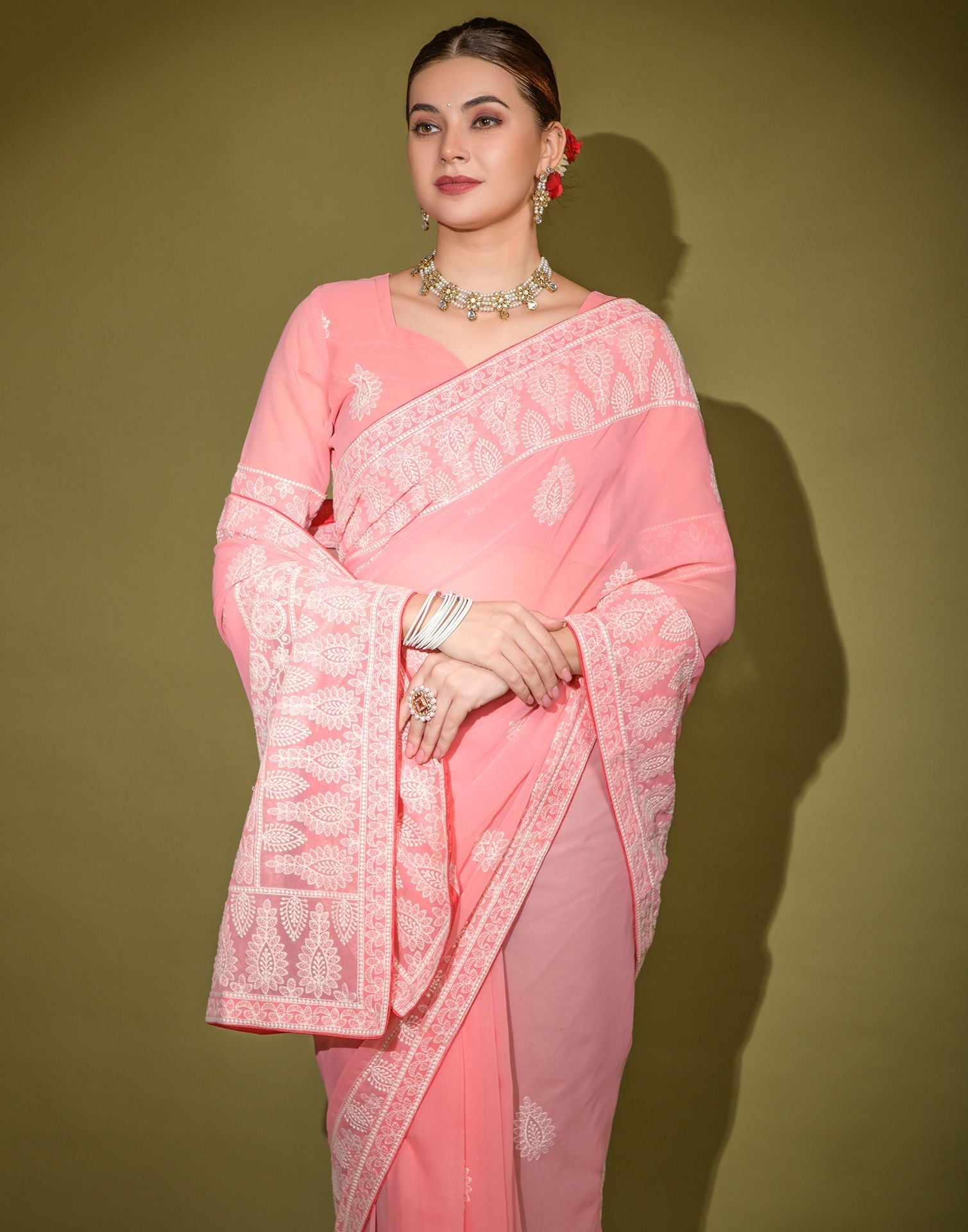 Pink Heavy Georgette Lakhnavi Saree | Leemboodi