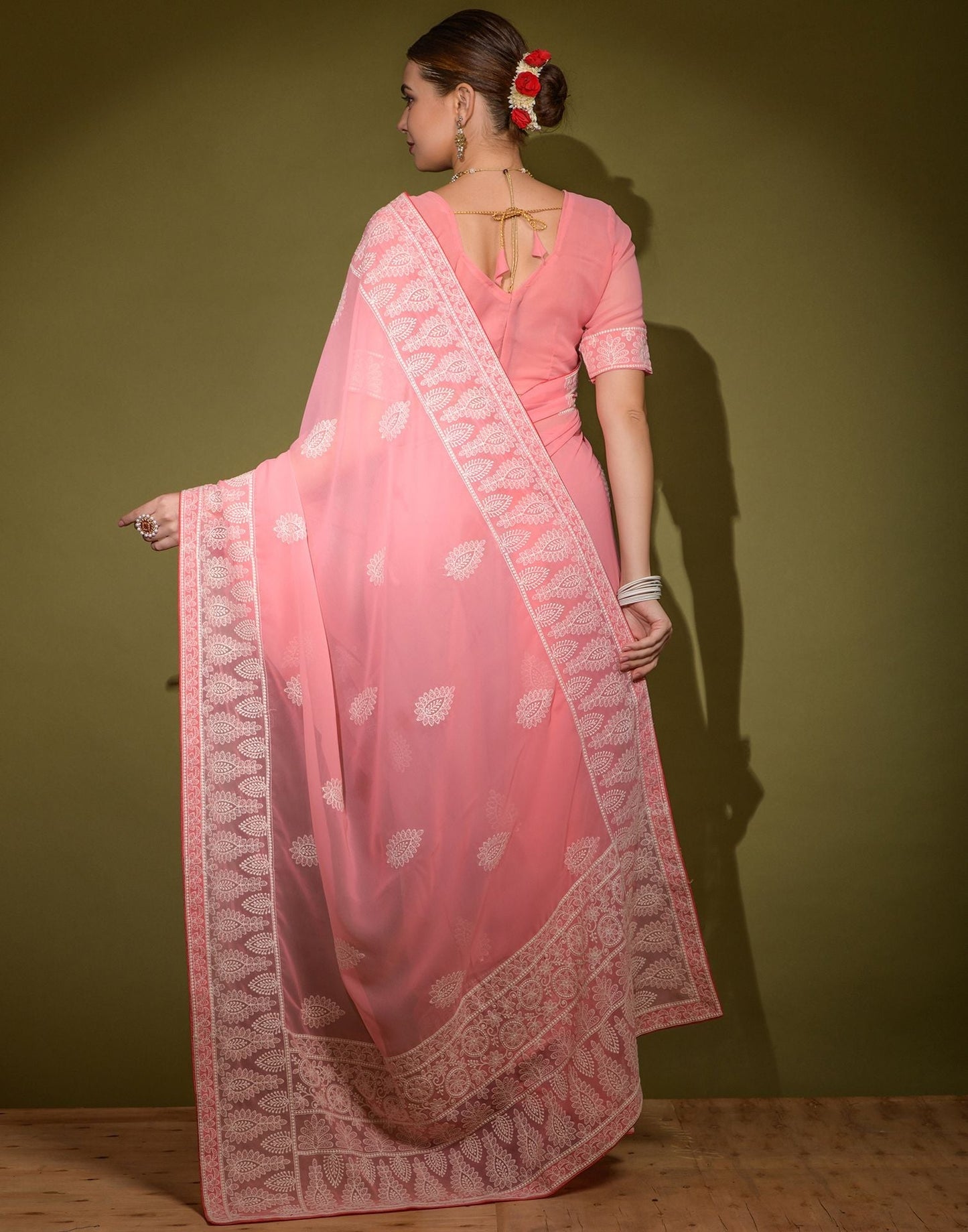 Pink Heavy Georgette Lakhnavi Saree | Leemboodi