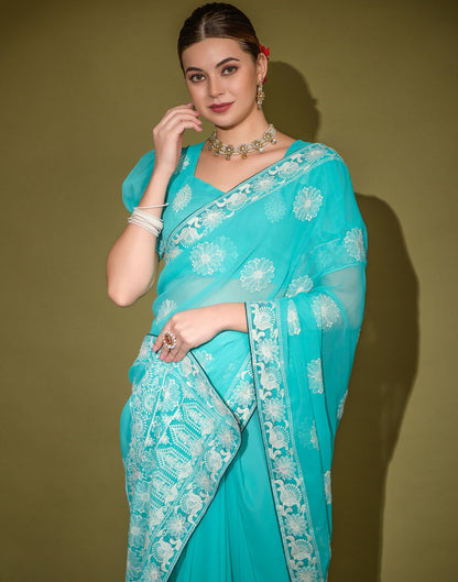 Turquoise Heavy Georgette Lakhnavi Saree | Leemboodi