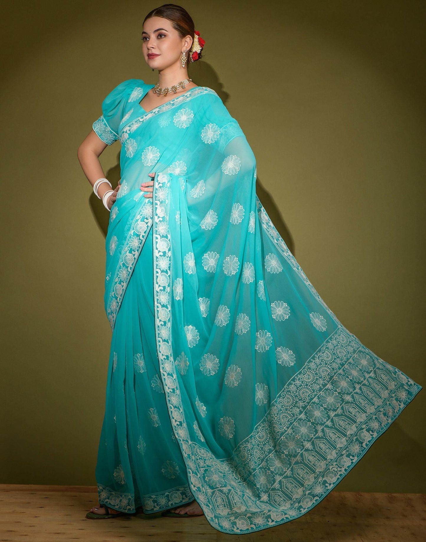 Turquoise Heavy Georgette Lakhnavi Saree | Leemboodi