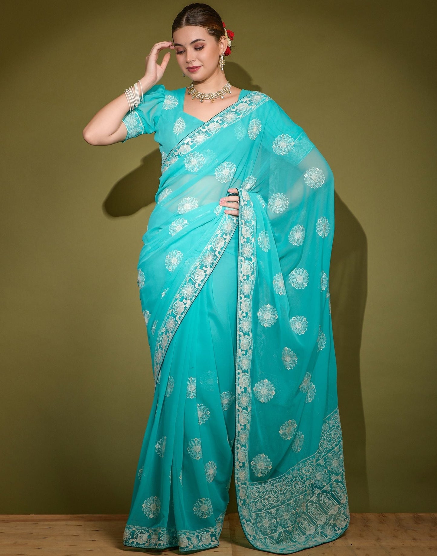 Turquoise Heavy Georgette Lakhnavi Saree | Leemboodi