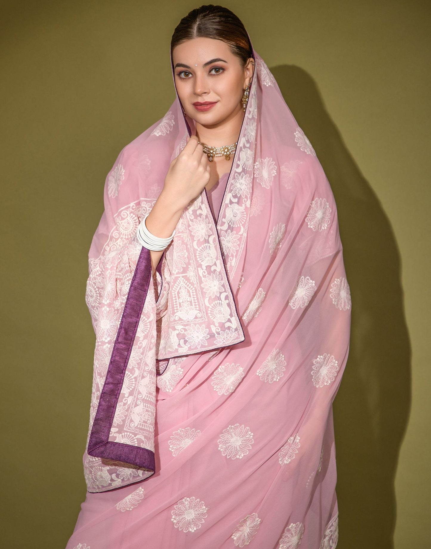 Light Pink Heavy Georgette Lakhnavi Saree | Leemboodi