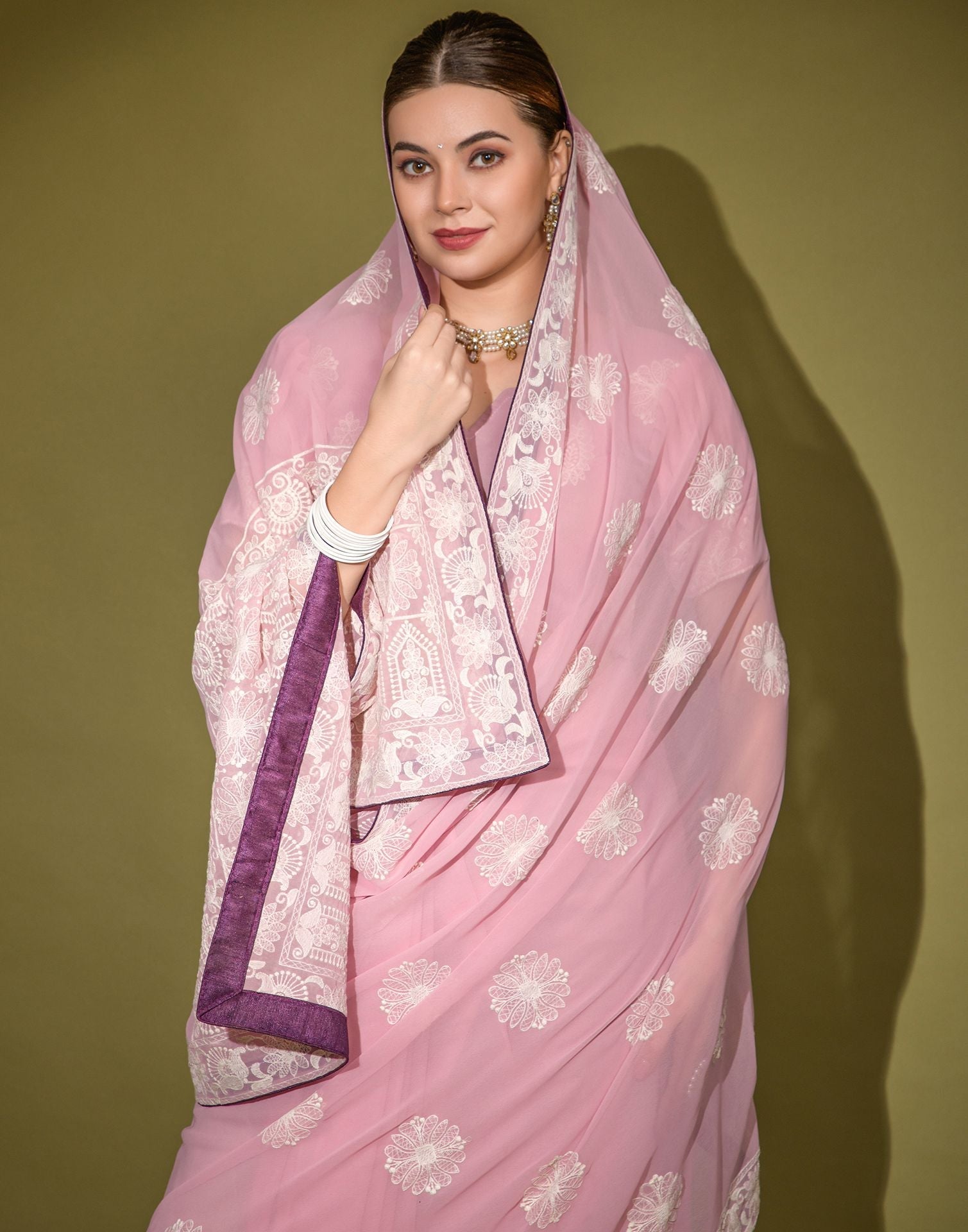Light Pink Heavy Georgette Lakhnavi Saree | Leemboodi