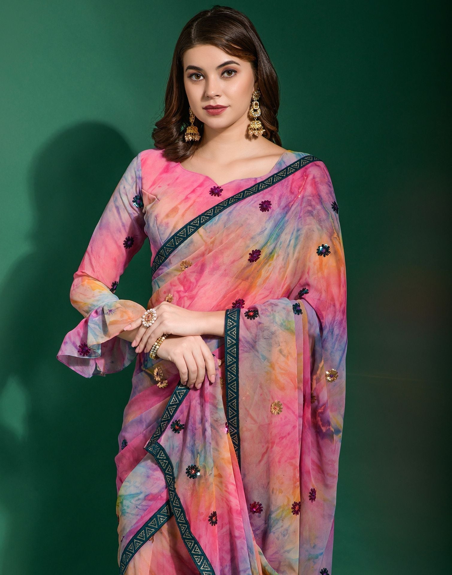 Multicoloured Heavy Georgette Sequence Saree | Leemboodi