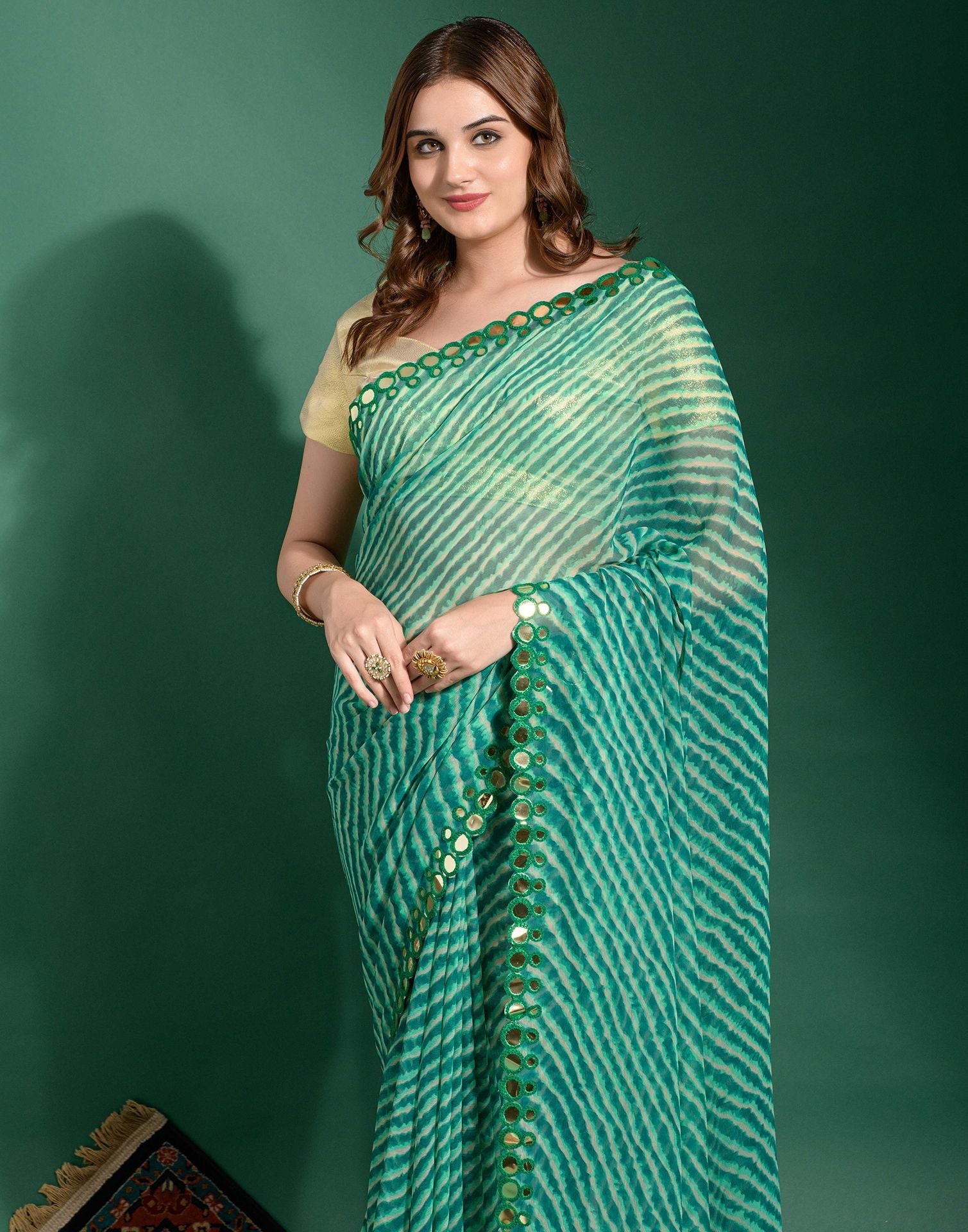 Turquoise Heavy Chiffon Leriya Printed Saree | Leemboodi