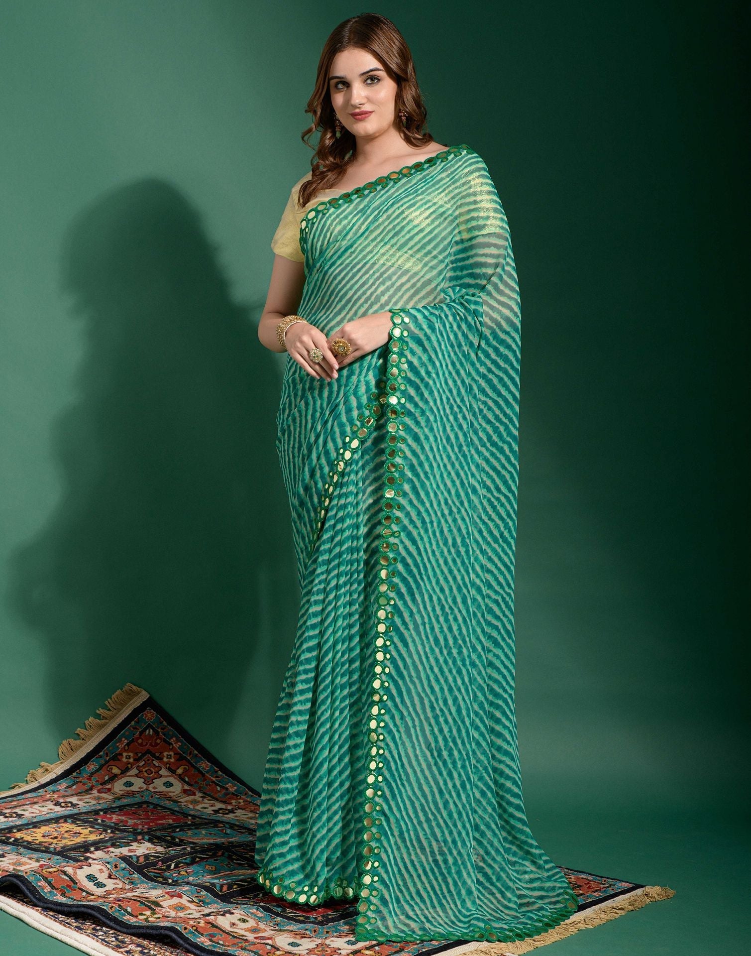 Turquoise Heavy Chiffon Leriya Printed Saree | Leemboodi