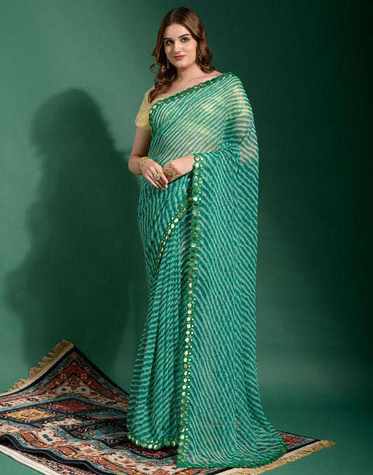 Turquoise Heavy Chiffon Leriya Printed Saree | Leemboodi