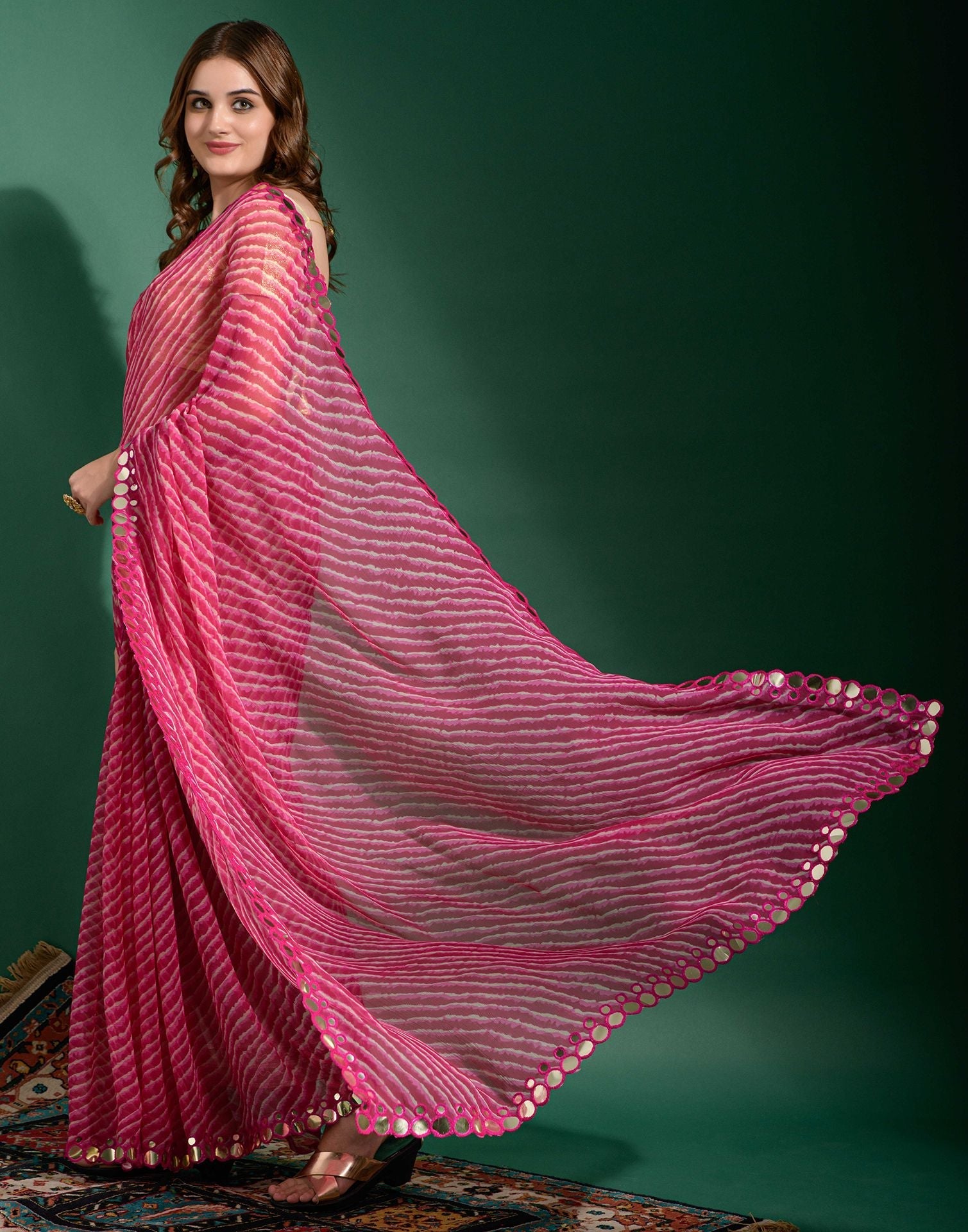 Pink Heavy Chiffon Leriya Printed Saree | Leemboodi