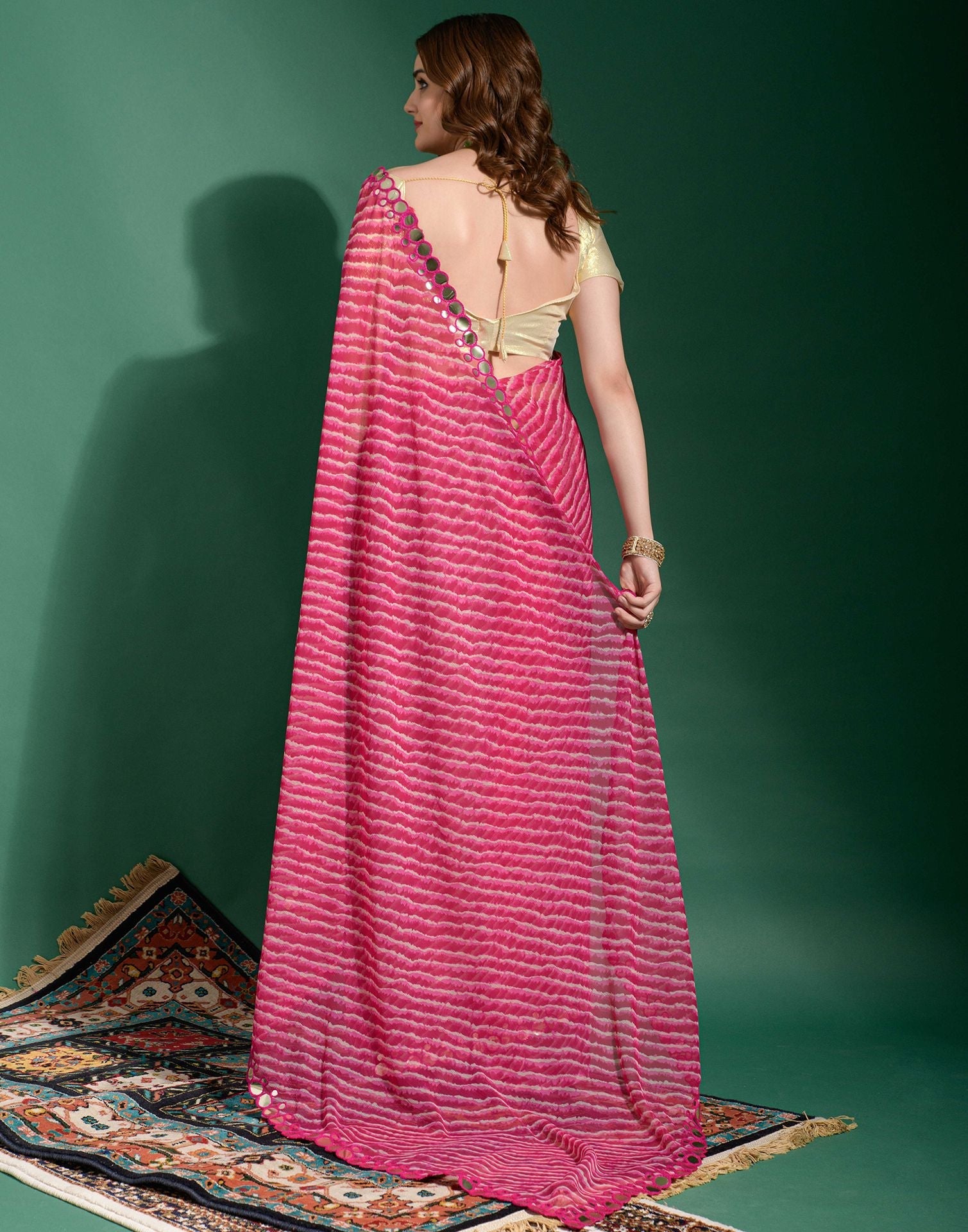 Pink Heavy Chiffon Leriya Printed Saree | Leemboodi