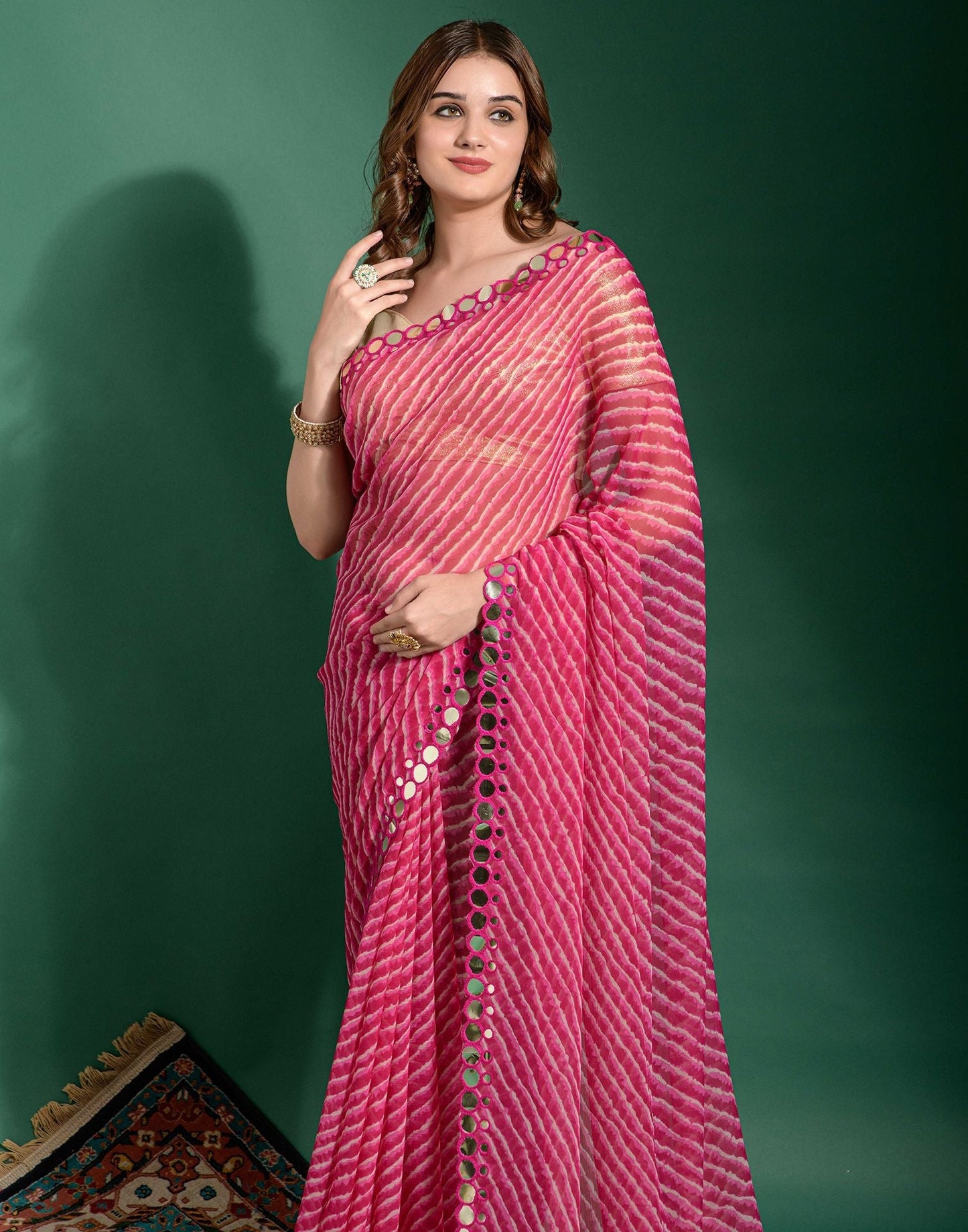 Pink Heavy Chiffon Leriya Printed Saree | Leemboodi
