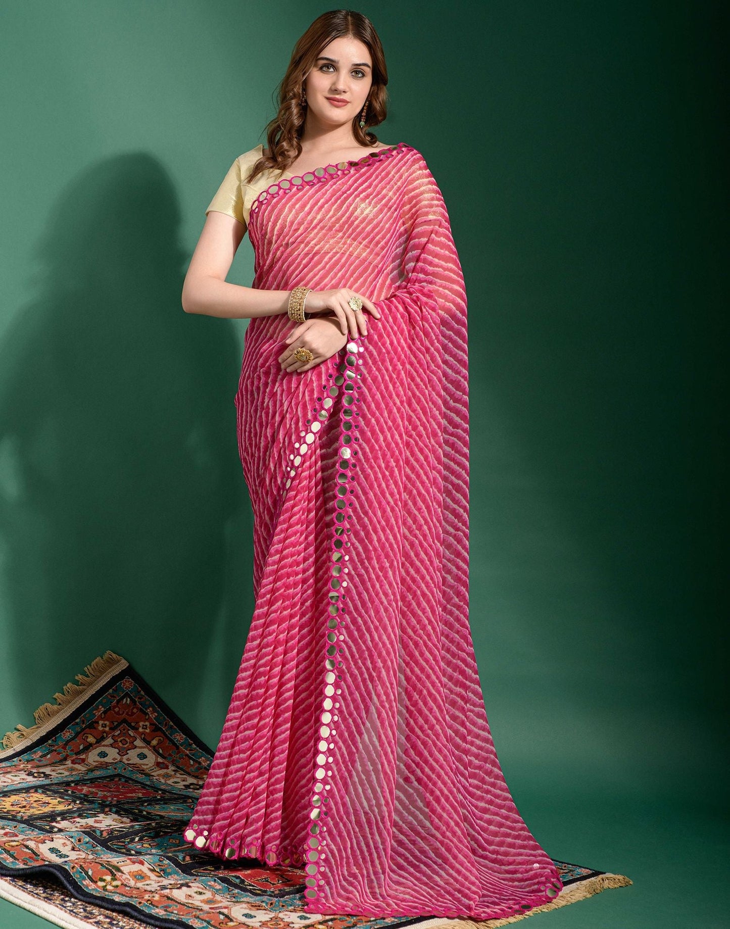 Pink Heavy Chiffon Leriya Printed Saree | Leemboodi