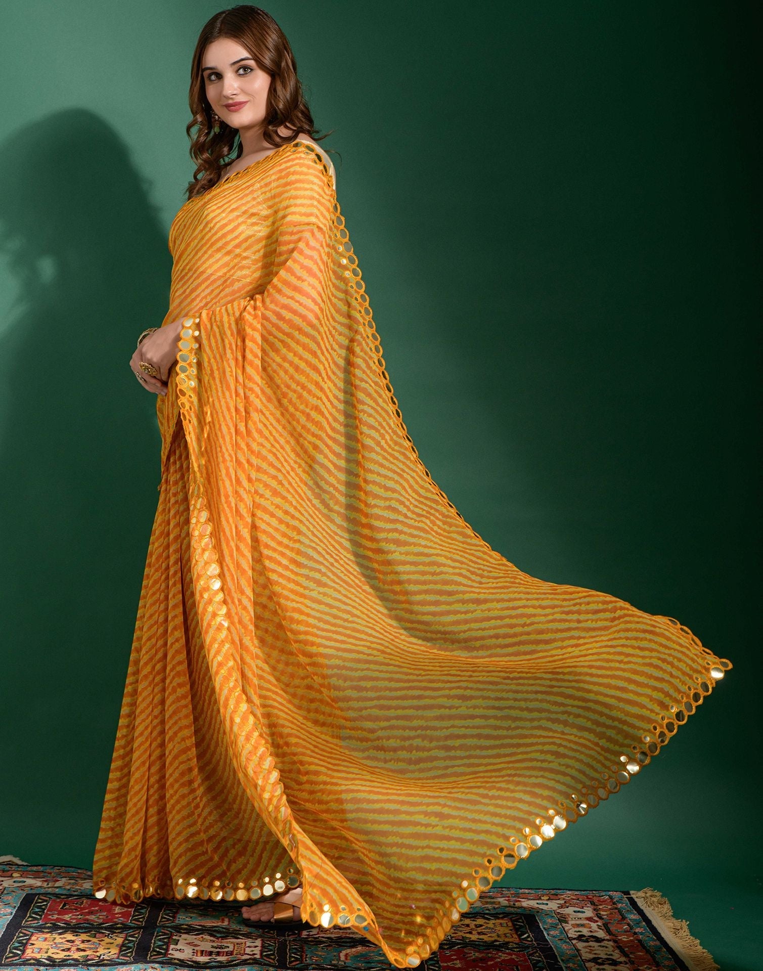 Yellow Heavy Chiffon Leriya Printed Saree | Leemboodi