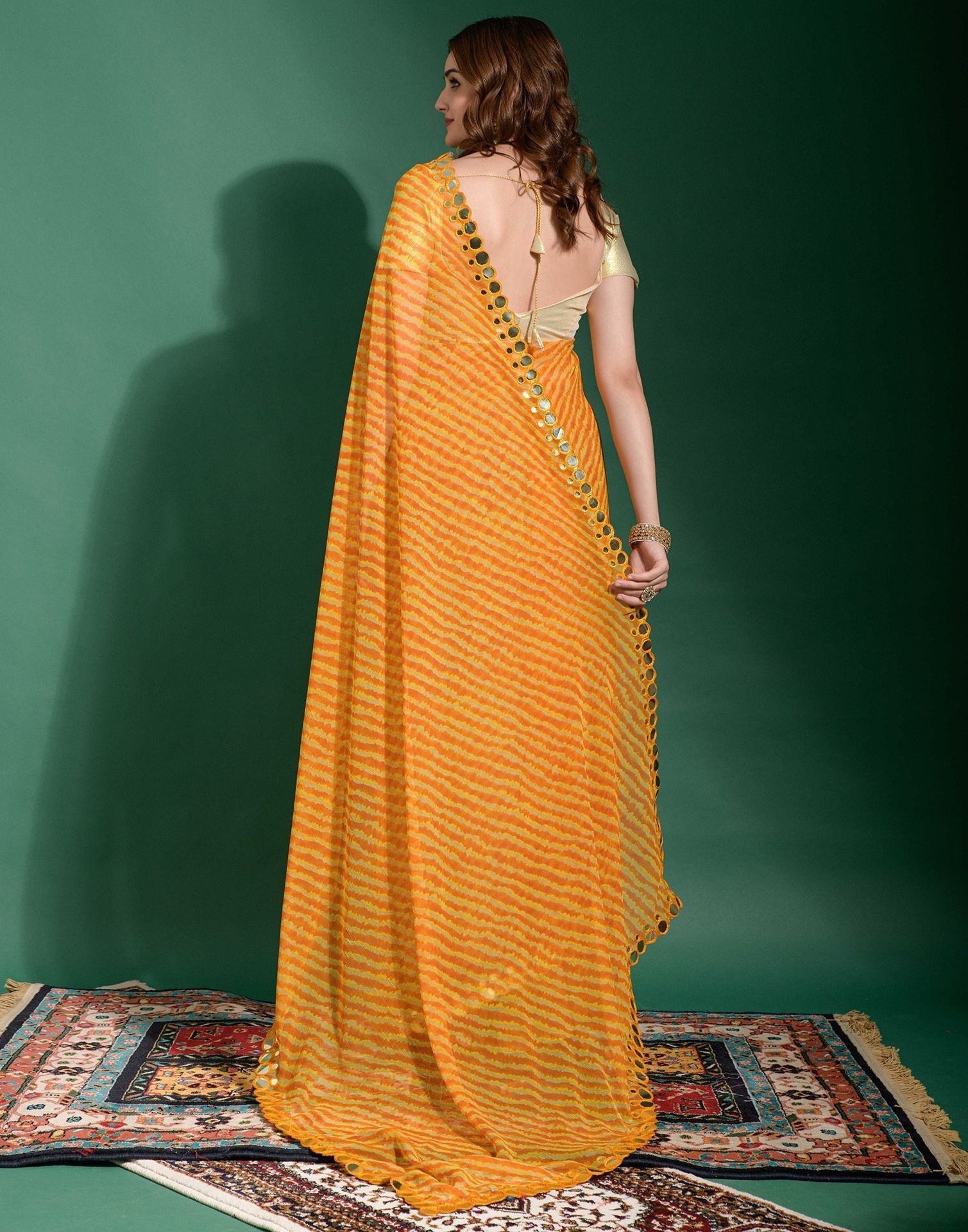 Yellow Heavy Chiffon Leriya Printed Saree | Leemboodi