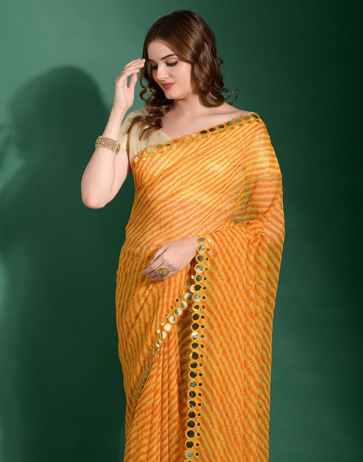 Yellow Heavy Chiffon Leriya Printed Saree | Leemboodi