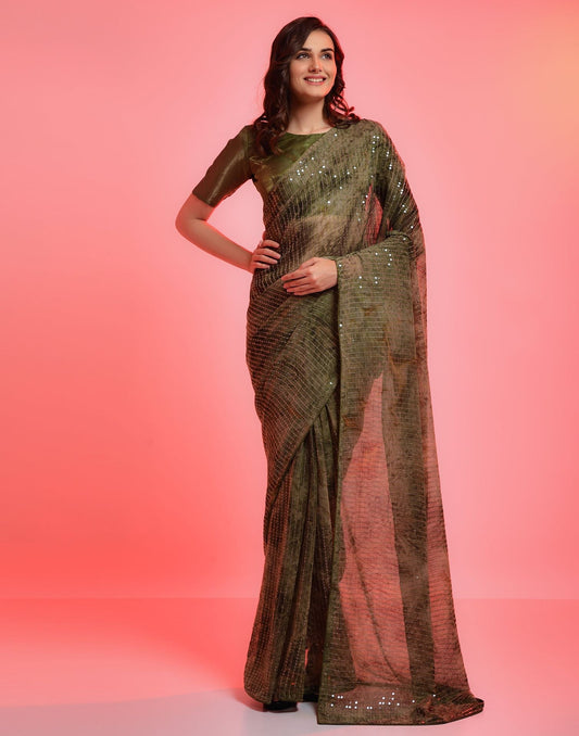 Olive Green Heavy Chiffon Printed Wth Sequence Saree | Leemboodi