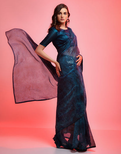 Dark Teal Heavy Chiffon Printed Wth Sequence Saree | Leemboodi
