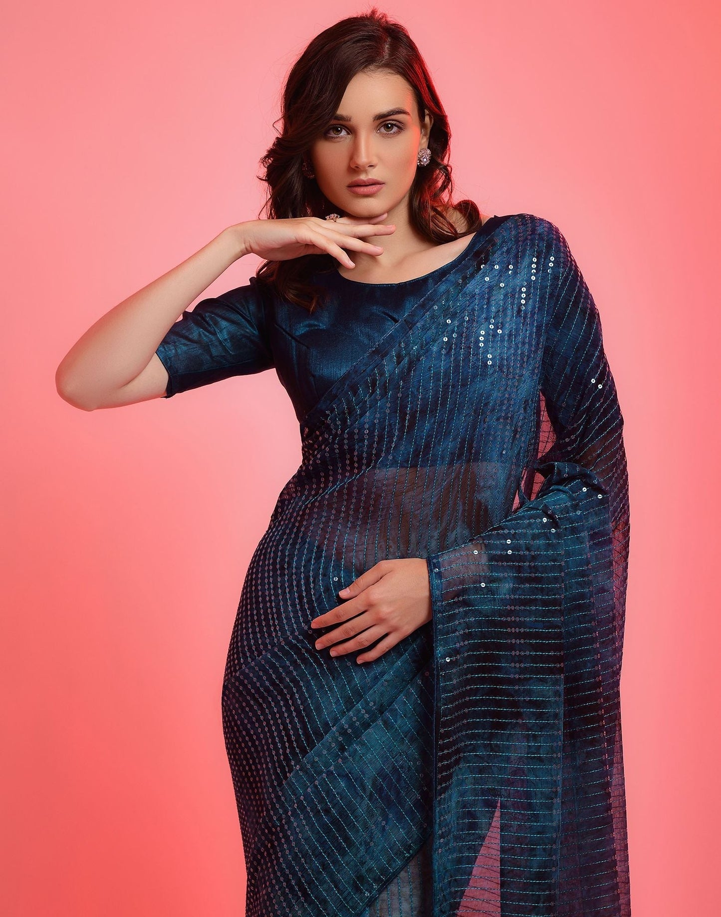 Dark Teal Heavy Chiffon Printed Wth Sequence Saree | Leemboodi