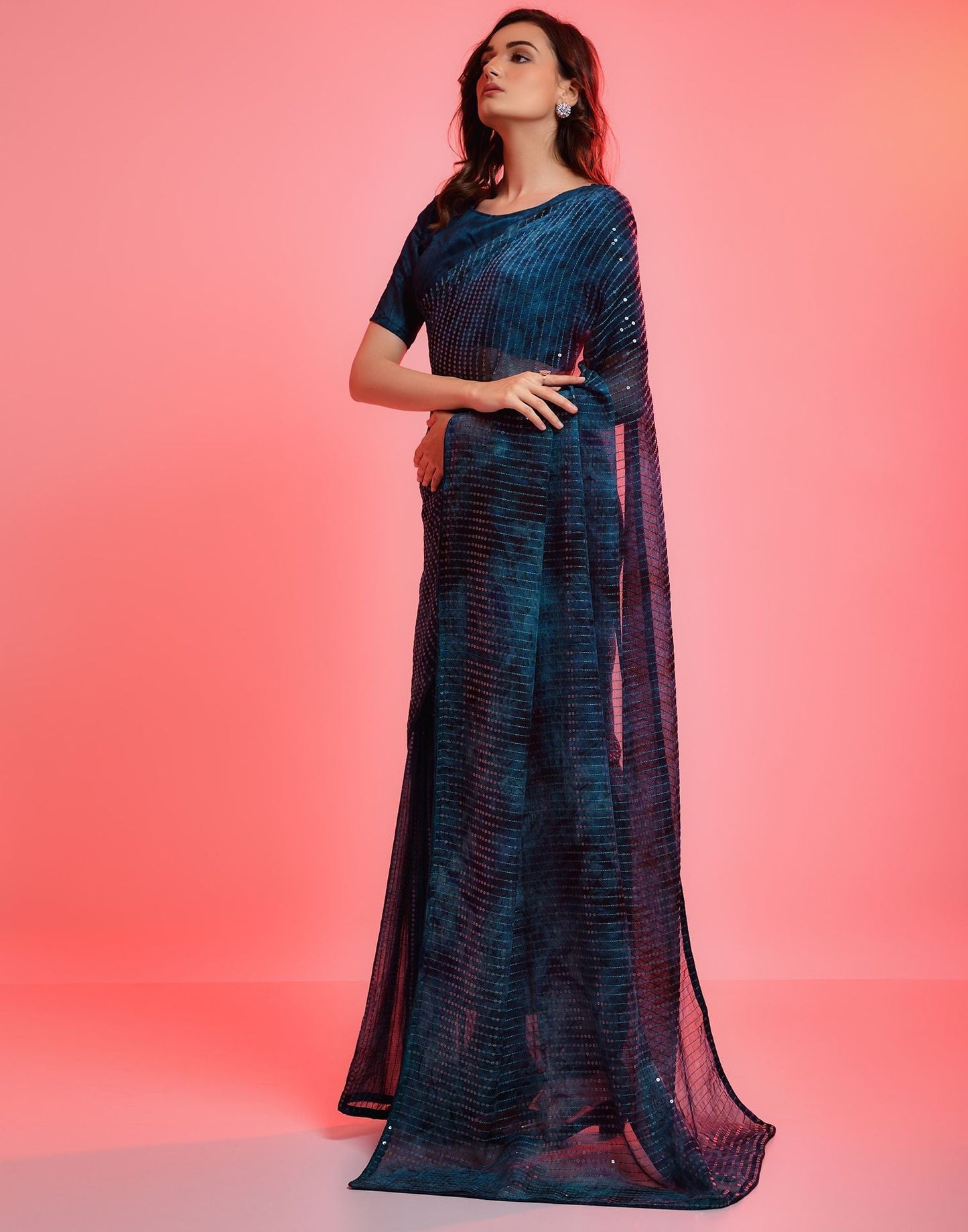 Dark Teal Heavy Chiffon Printed Wth Sequence Saree | Leemboodi