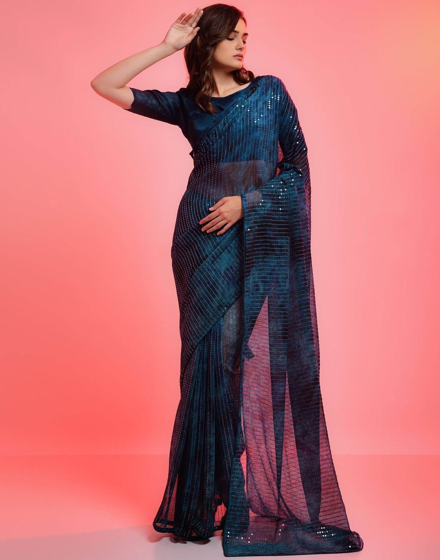 Dark Teal Heavy Chiffon Printed Wth Sequence Saree | Leemboodi