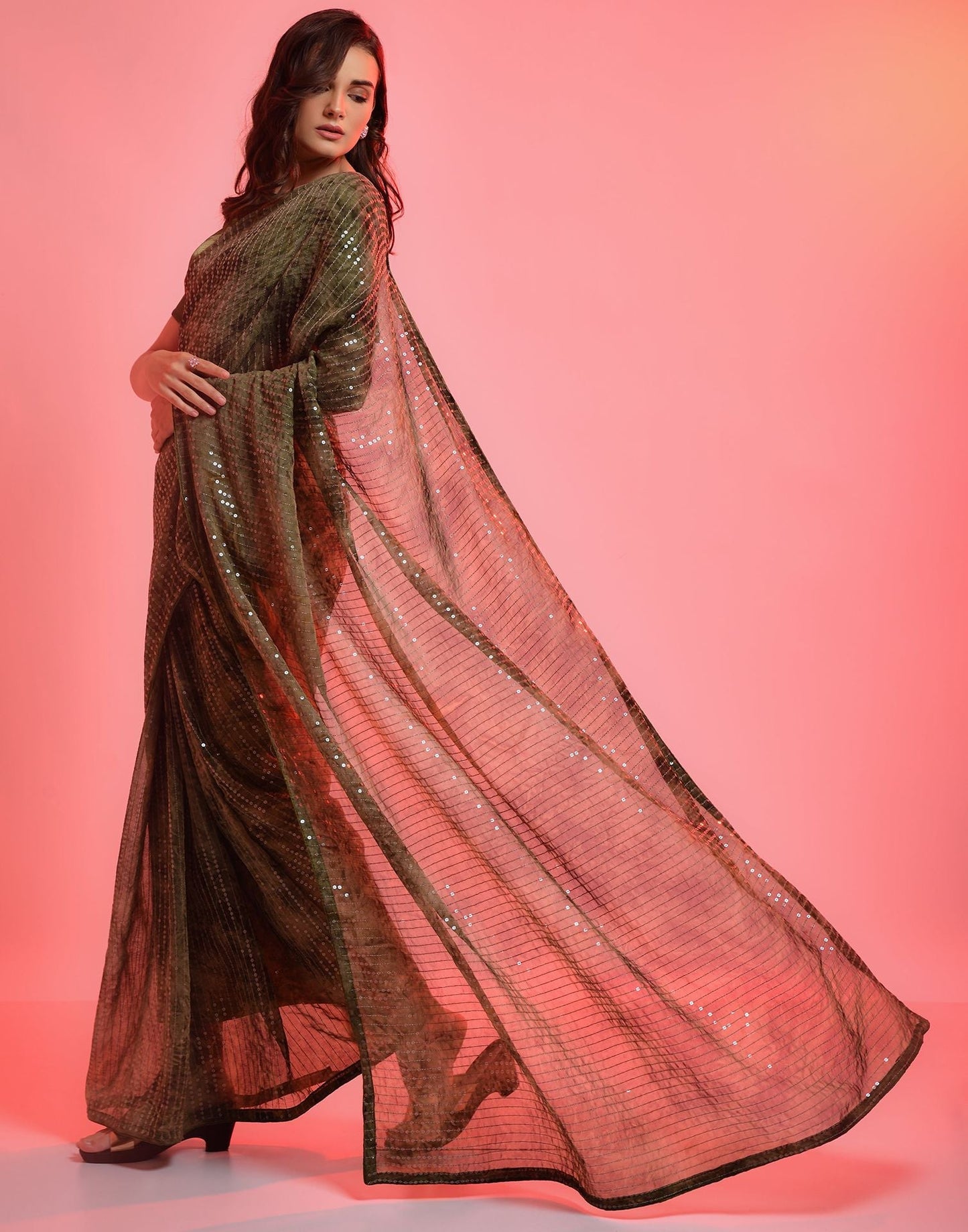 Olive Green Heavy Chiffon Printed Wth Sequence Saree | Leemboodi
