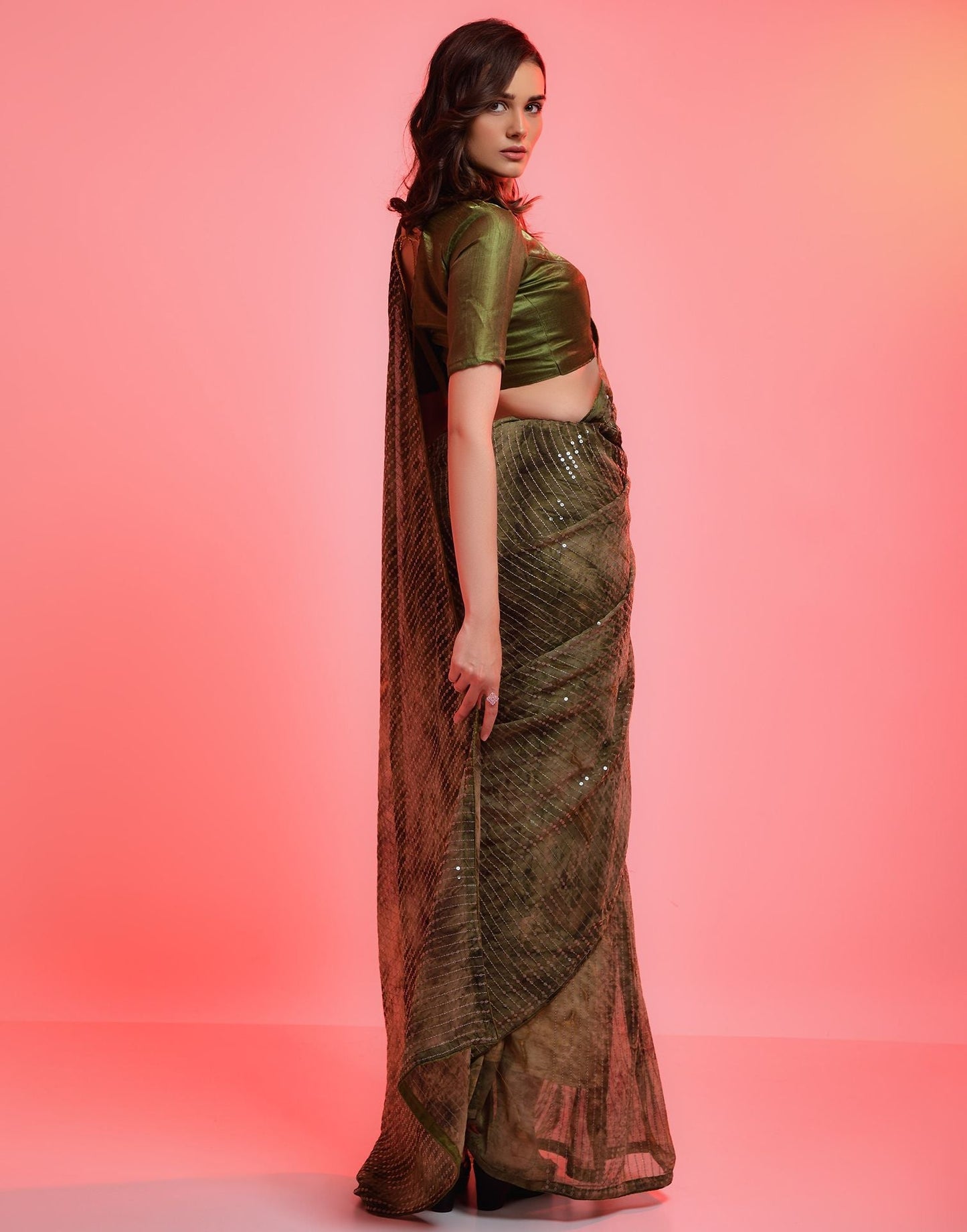 Olive Green Heavy Chiffon Printed Wth Sequence Saree | Leemboodi