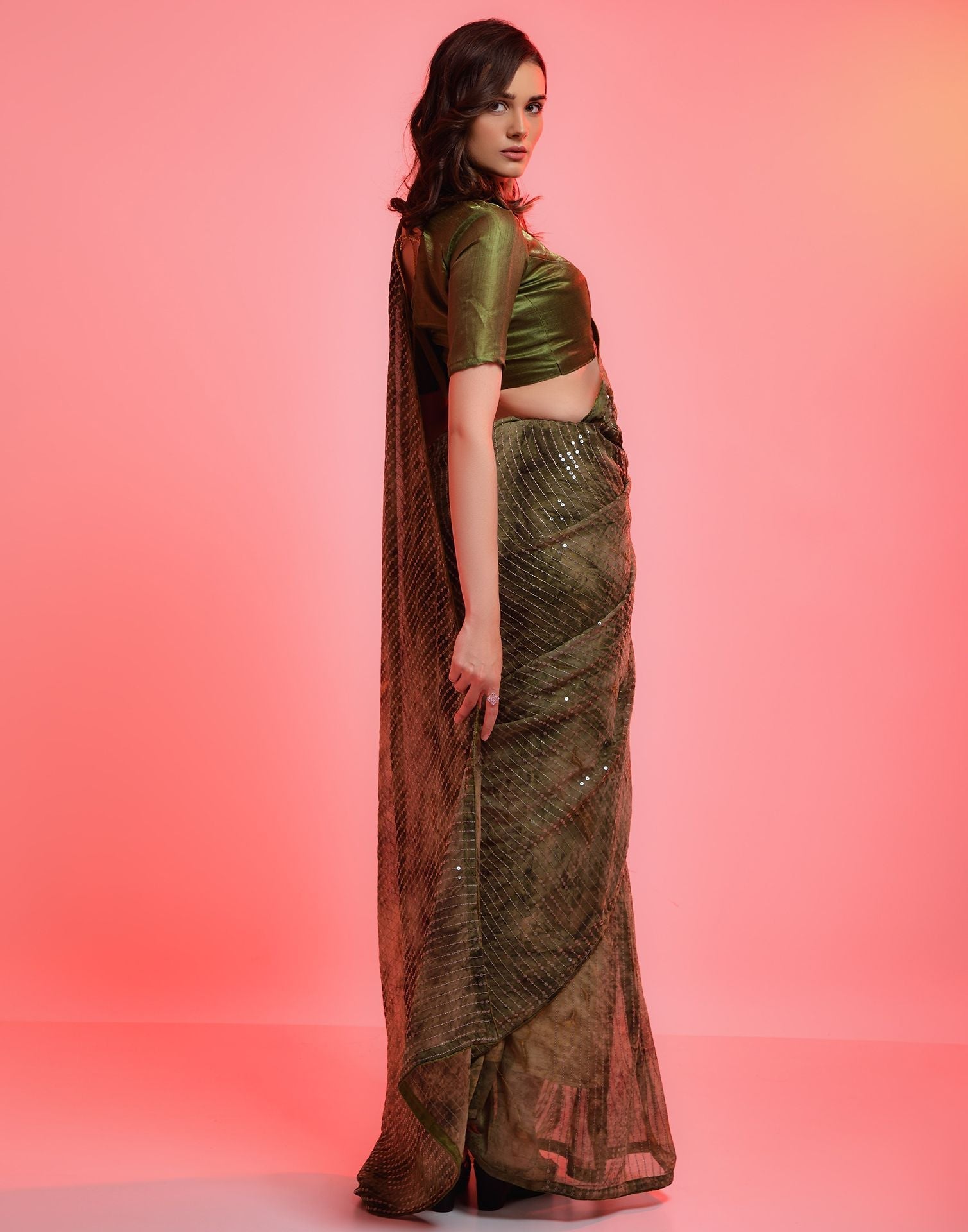 Olive Green Heavy Chiffon Printed Wth Sequence Saree | Leemboodi